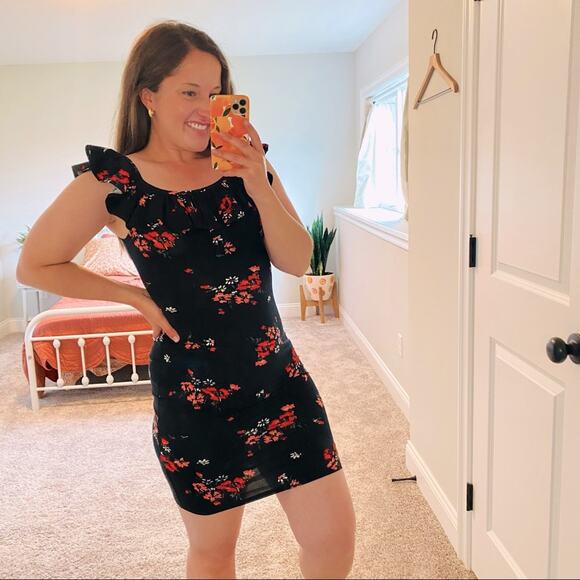 Rebecca Taylor Black Red Floral Cotton Ruffle Bodycon Mini Dress XS - Picture 1 of 12